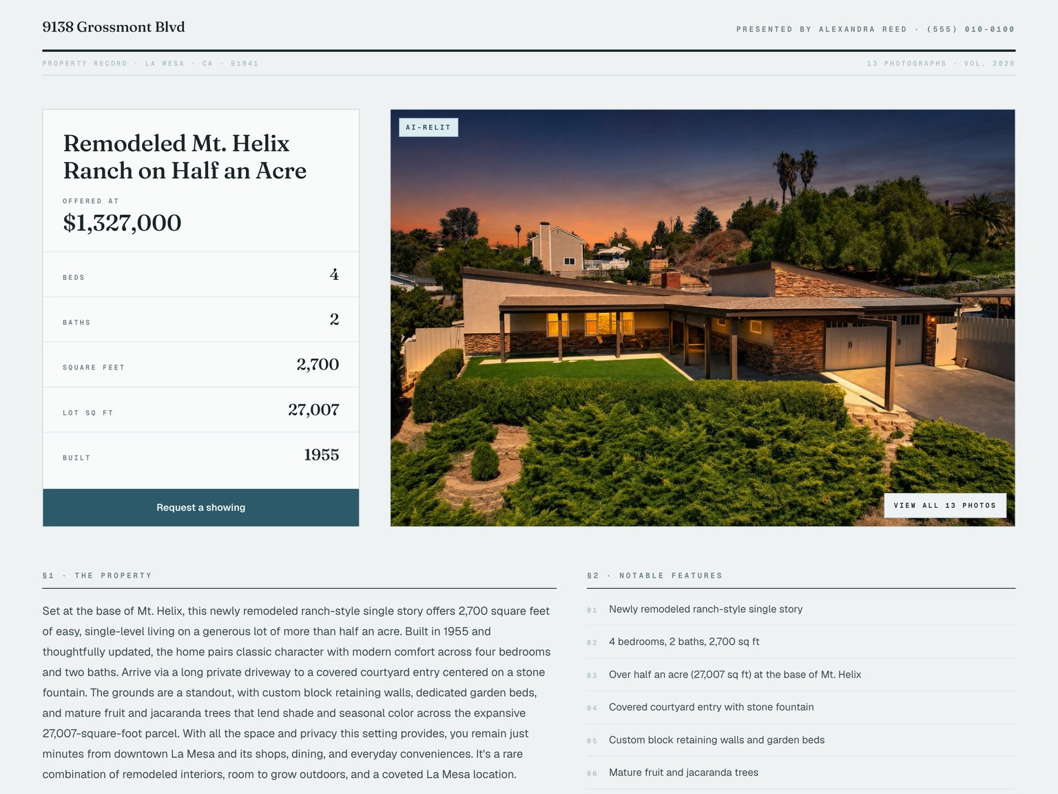 The Almanac template on a live listing